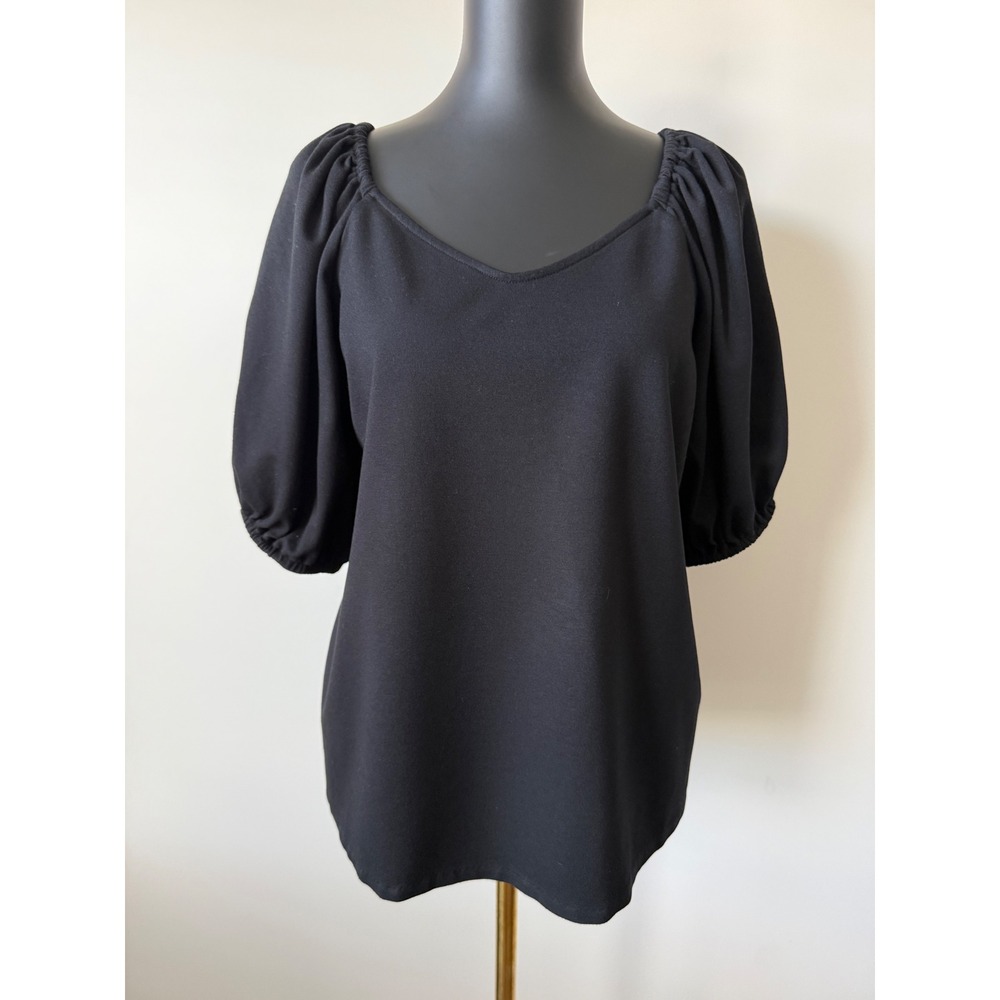 Anne Klein Black V-Neck Puff Sleeve Blouse Ponte Knit Top 1X Plus Size